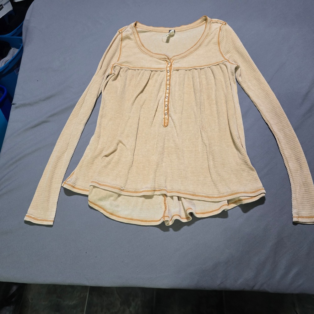 We The Free Henley Top Women Medium Yellow Waffle Knit Babydoll Thermal